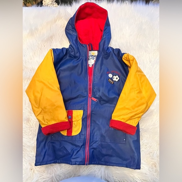 Wippette Other - WIPPETTE KIDS Raincoat Lined Hooded All Sports Themed Boy's Sz5/6 Blue/yellow